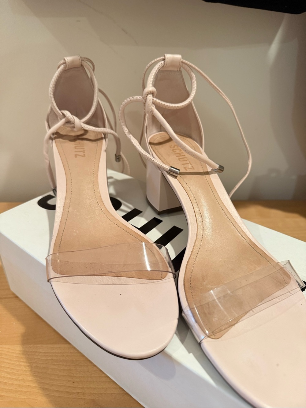 SCHUTZ Pale Pink Block Heel Sandals with Clear Toe Strap